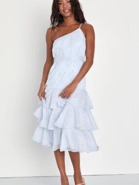 NEW Lulus Blue One Shouldered Midi Dress Embroidered Tiered Large L NWT Floral